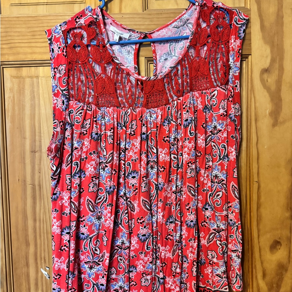 Maurices Red and Blue Sleeveless Pleated Blouse